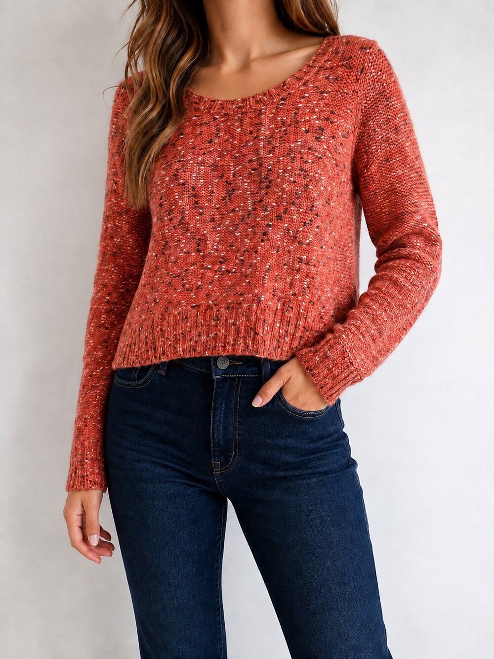 JOHN + JENN Red Marled Chunky Knit Wool Blend Scoop Neck Sweater Cropped Large